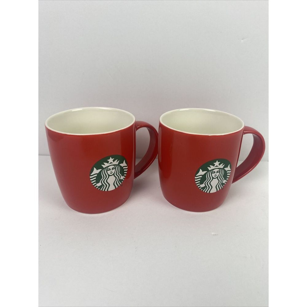 2 Starbucks Coffee Mugs - Ceramic 2021 Red Classic w/ Green Siren Logo, 11 Oz